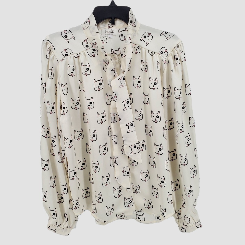 Tulip B Womens Medium French Bulldog Dog Print Tie Neck Blouse Cream EBJT248 New